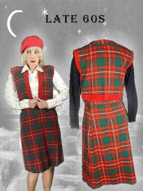 Red Tartan Pencil Skirt & Vest Fall Winter Outfit Plaid Vintage Academia